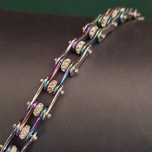 Rainbow Stainless Steel Motorcycle Bike Chain Bracelet with Crystals *READ*‎